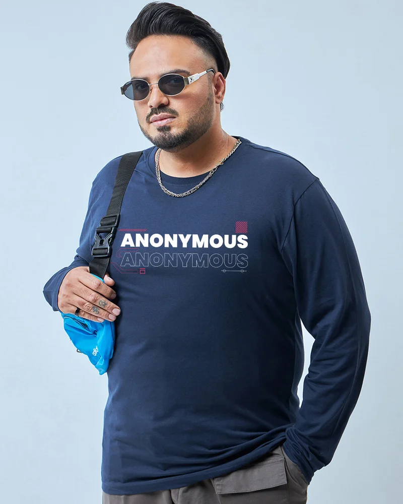 bewakoof Men's Navy Blue Anonymous Graphic Printed Plus Size T-shirt